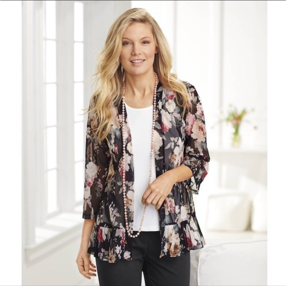 Northstyle floral ruffle mesh black cardigan kimono size S